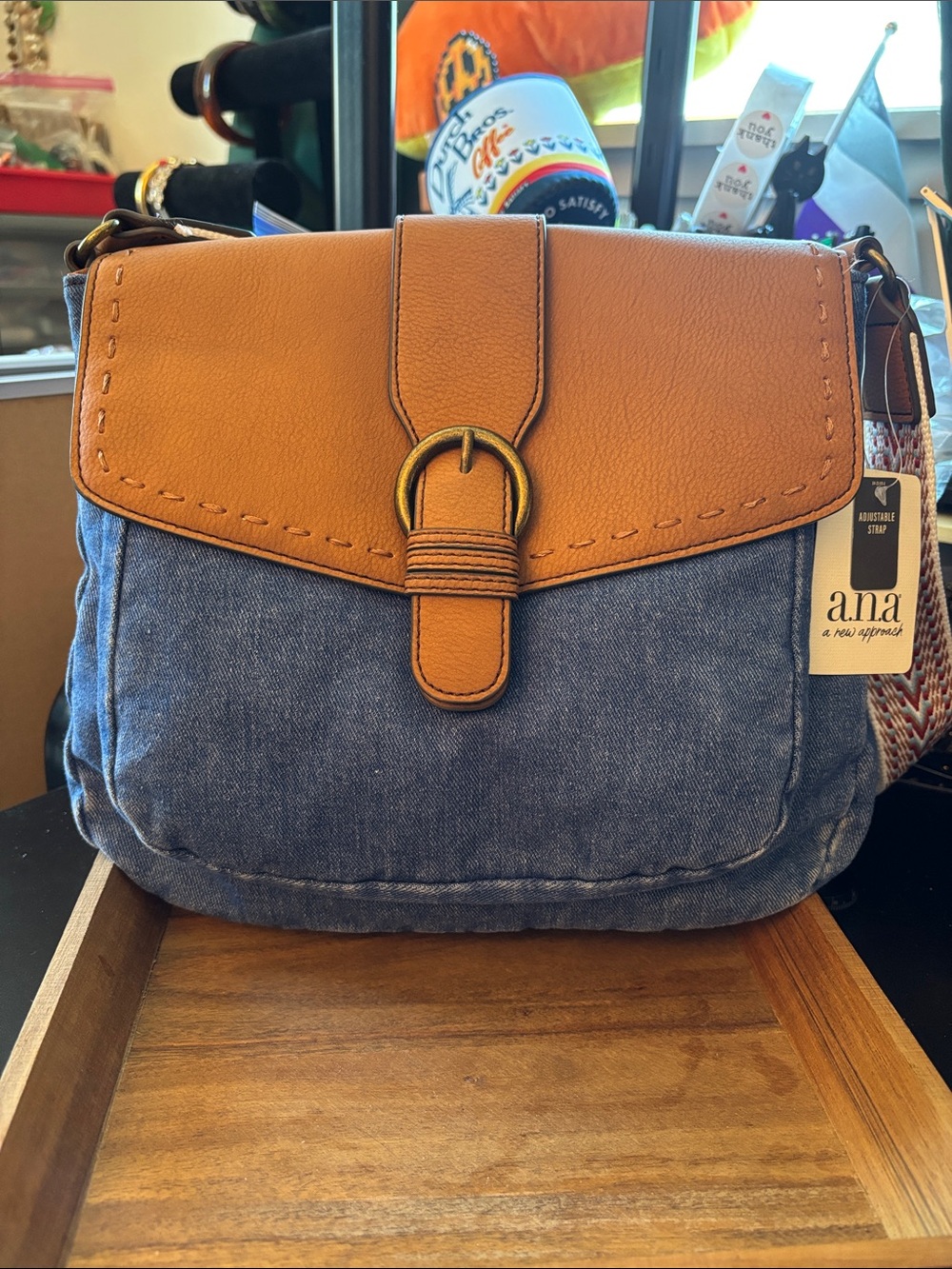 a.n.a Blue Denim Crossbody with Tan Leather Flap